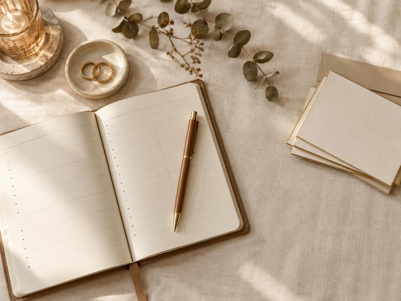 Planner aberto, caneta e cartões de papelaria personalizada sobre mesa clara